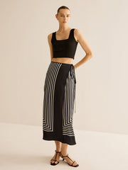 Long wrap skirt with geometric stripe print