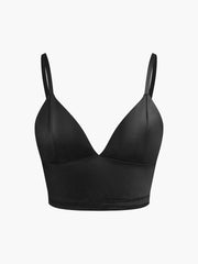 Black satin top with thin straps and V-neck