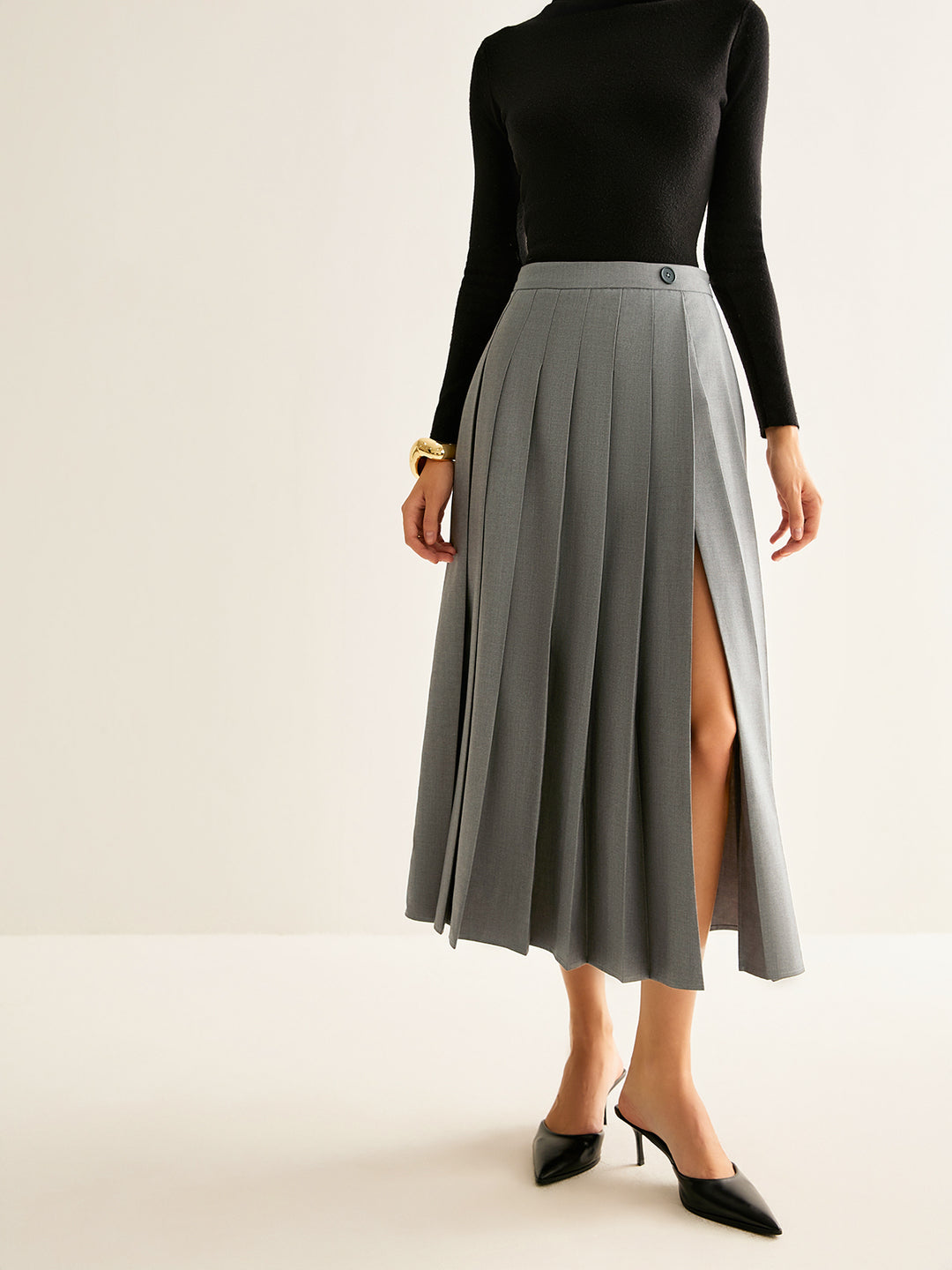 Grey pleated midi skirt
