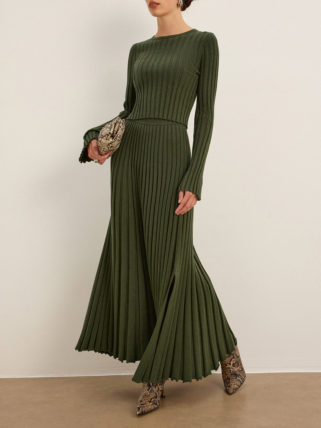Ribbed set with long sleeve top and long skirt