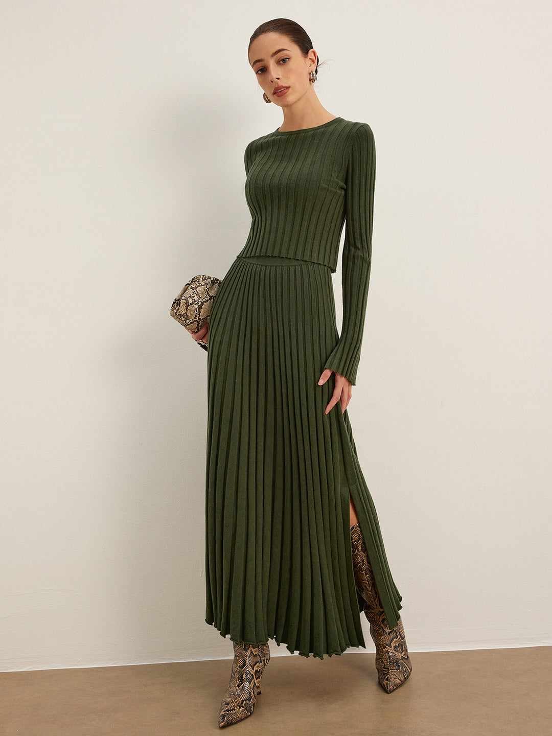 Ribbed set with long sleeve top and long skirt