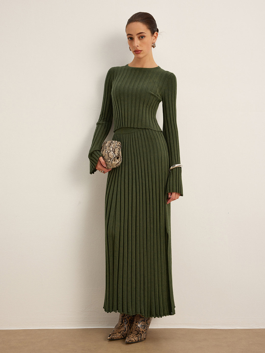 Ribbed set with long sleeve top and long skirt