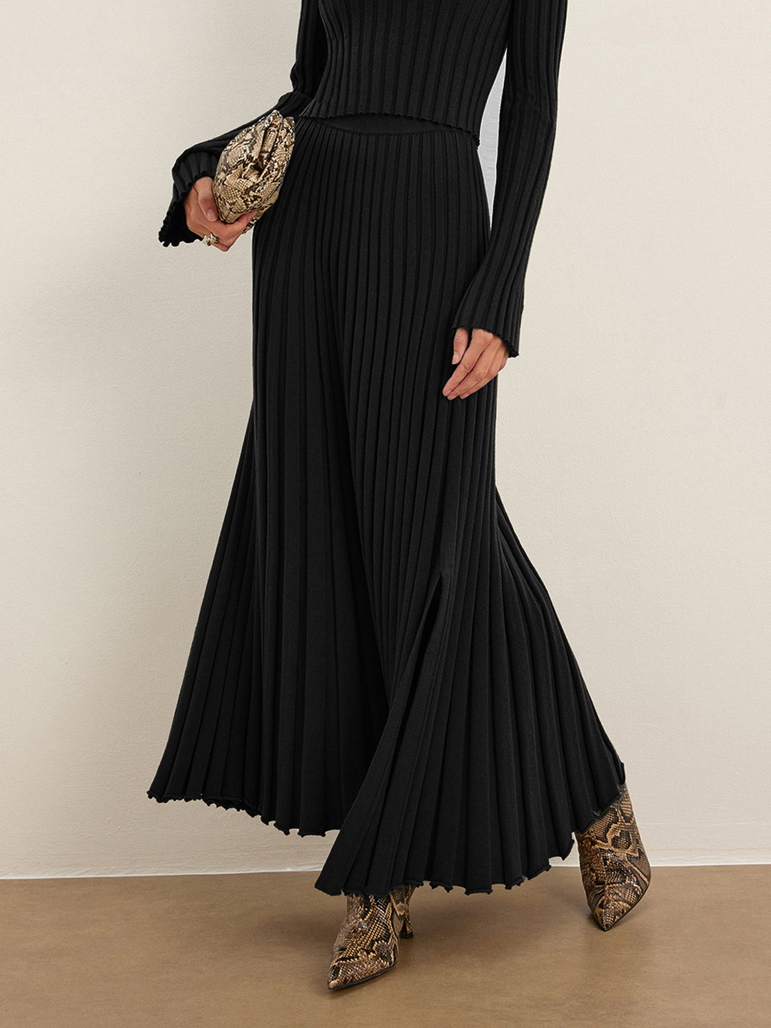 Ribbed set with long sleeve top and long skirt