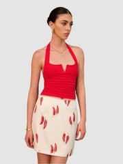 Red V-neck backless top with pleated waist