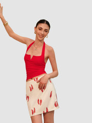 Red V-neck backless top with pleated waist