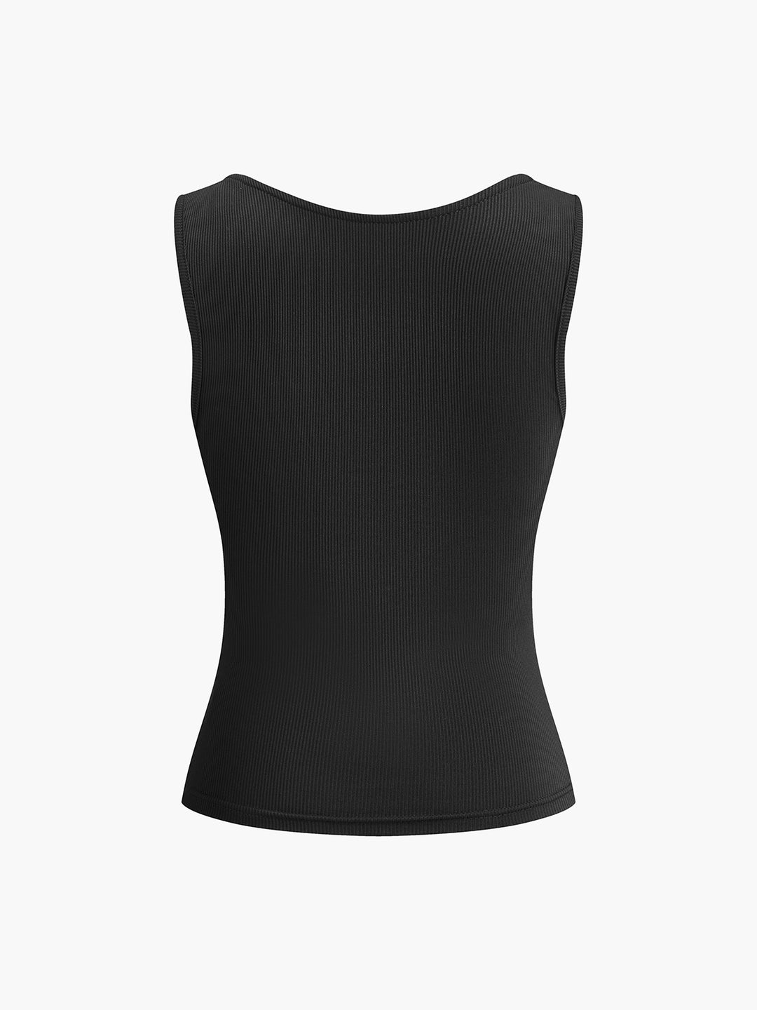 Black ribbed top with draped square neckline
