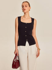 Black ribbed sleeveless top with buttons