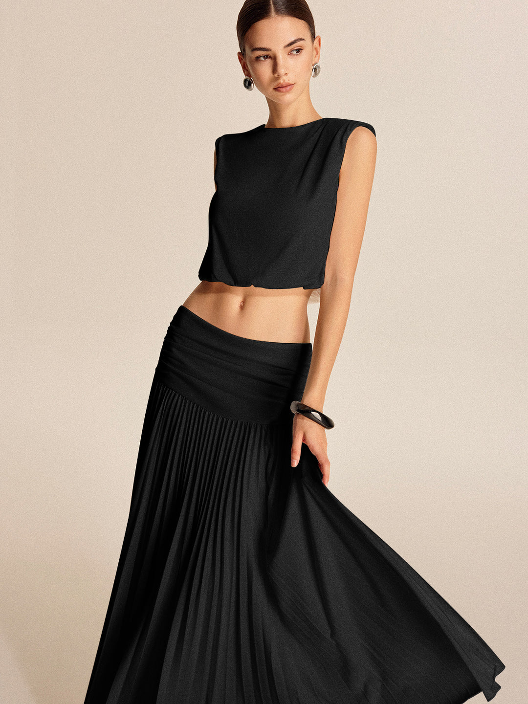 Pleated top and long dress set