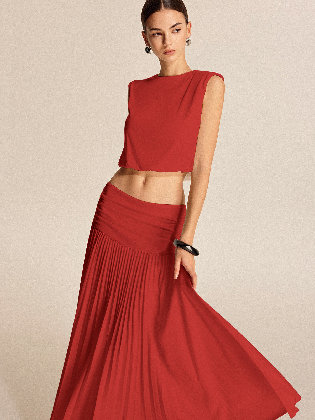 Pleated top and long dress set