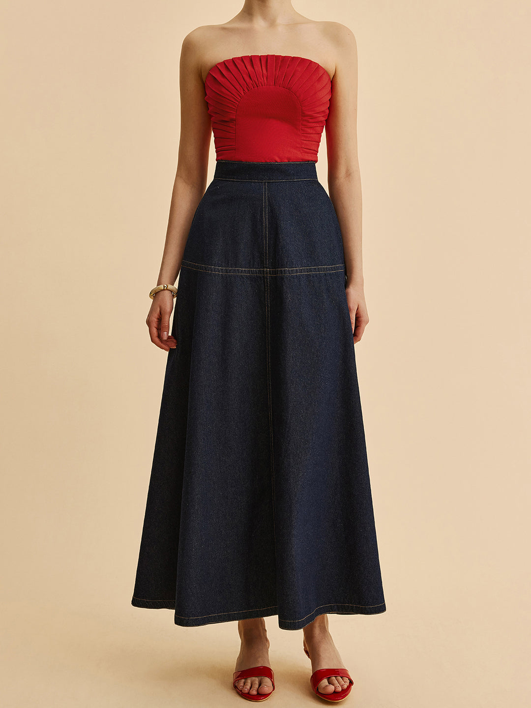 Long dark blue denim skirt