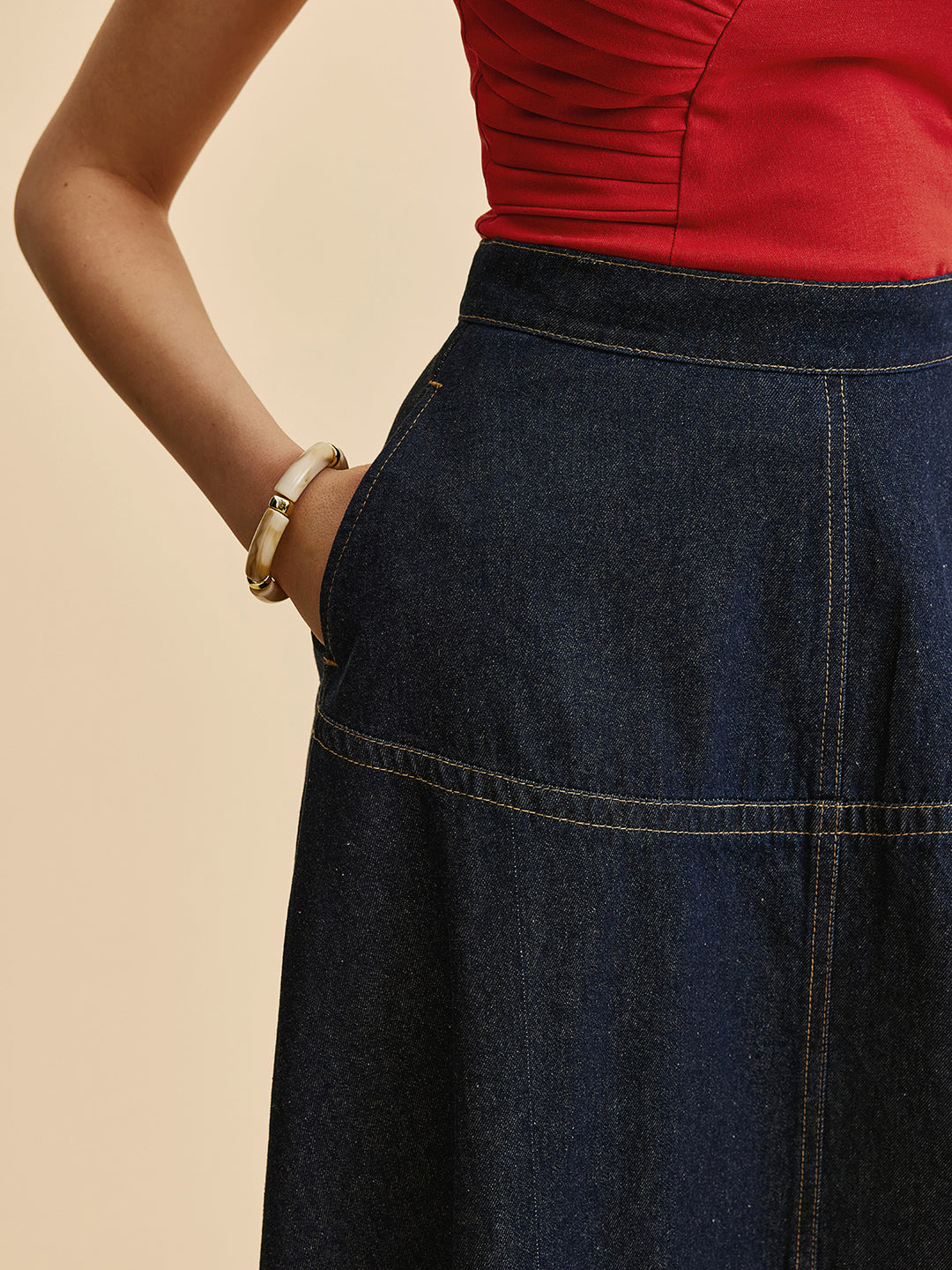 Long dark blue denim skirt