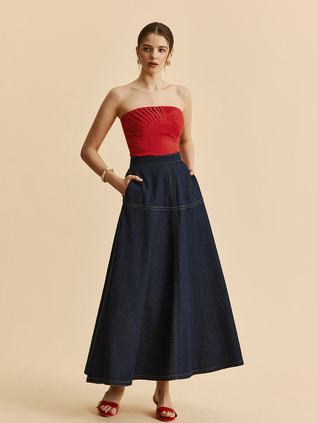 Long dark blue denim skirt