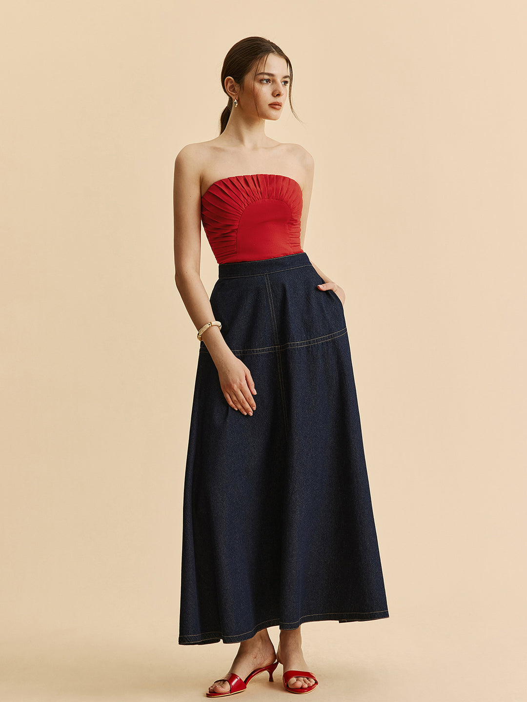 Long dark blue denim skirt