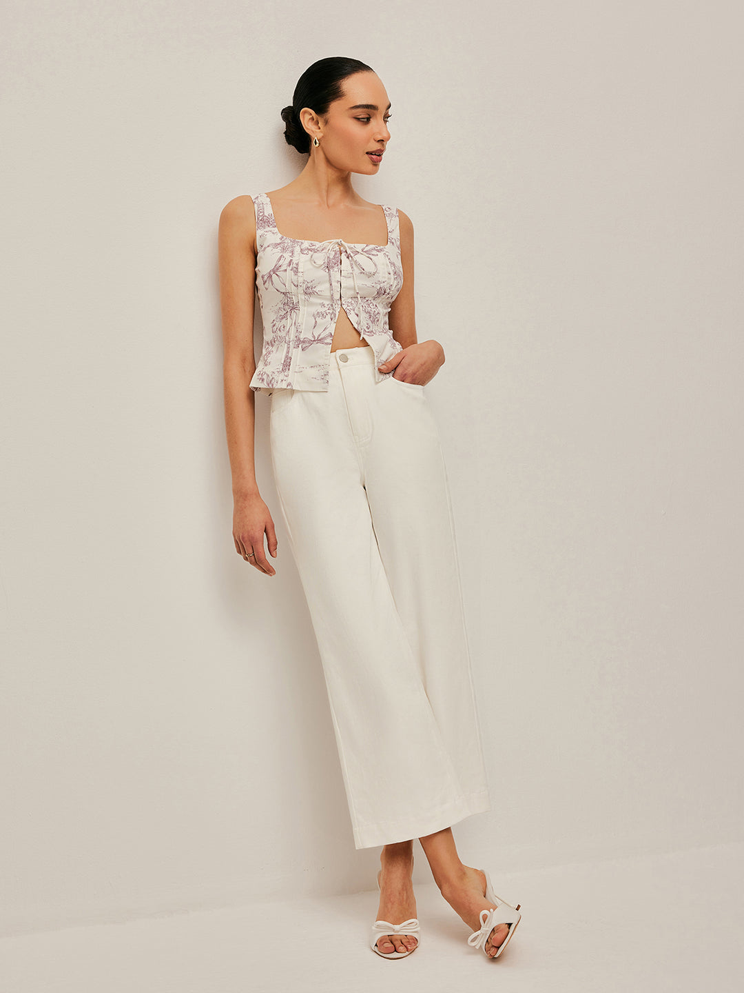 Patterned top with bow and square neckline