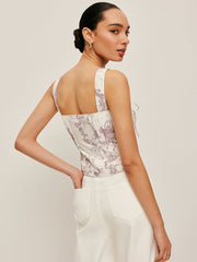 Patterned top with bow and square neckline