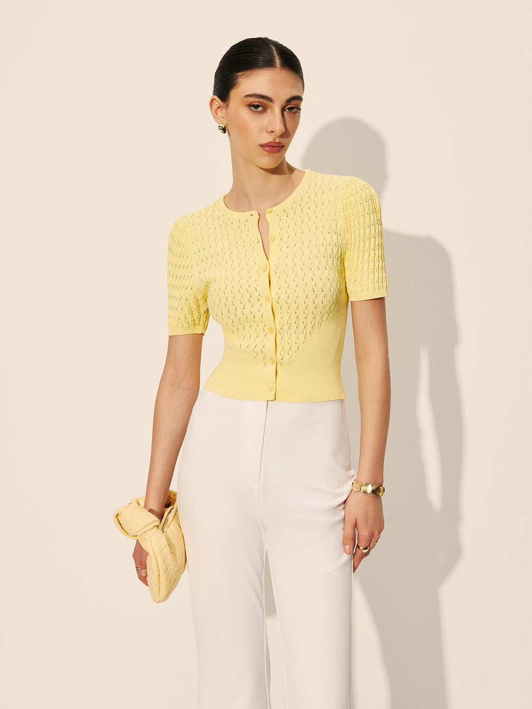 Short-sleeved knitted top with lace pattern