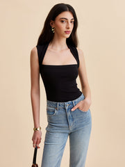 Black ribbed sleeveless top with open back