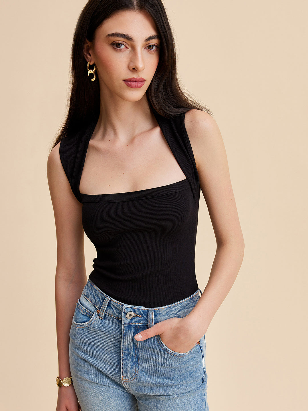 Black ribbed sleeveless top with open back