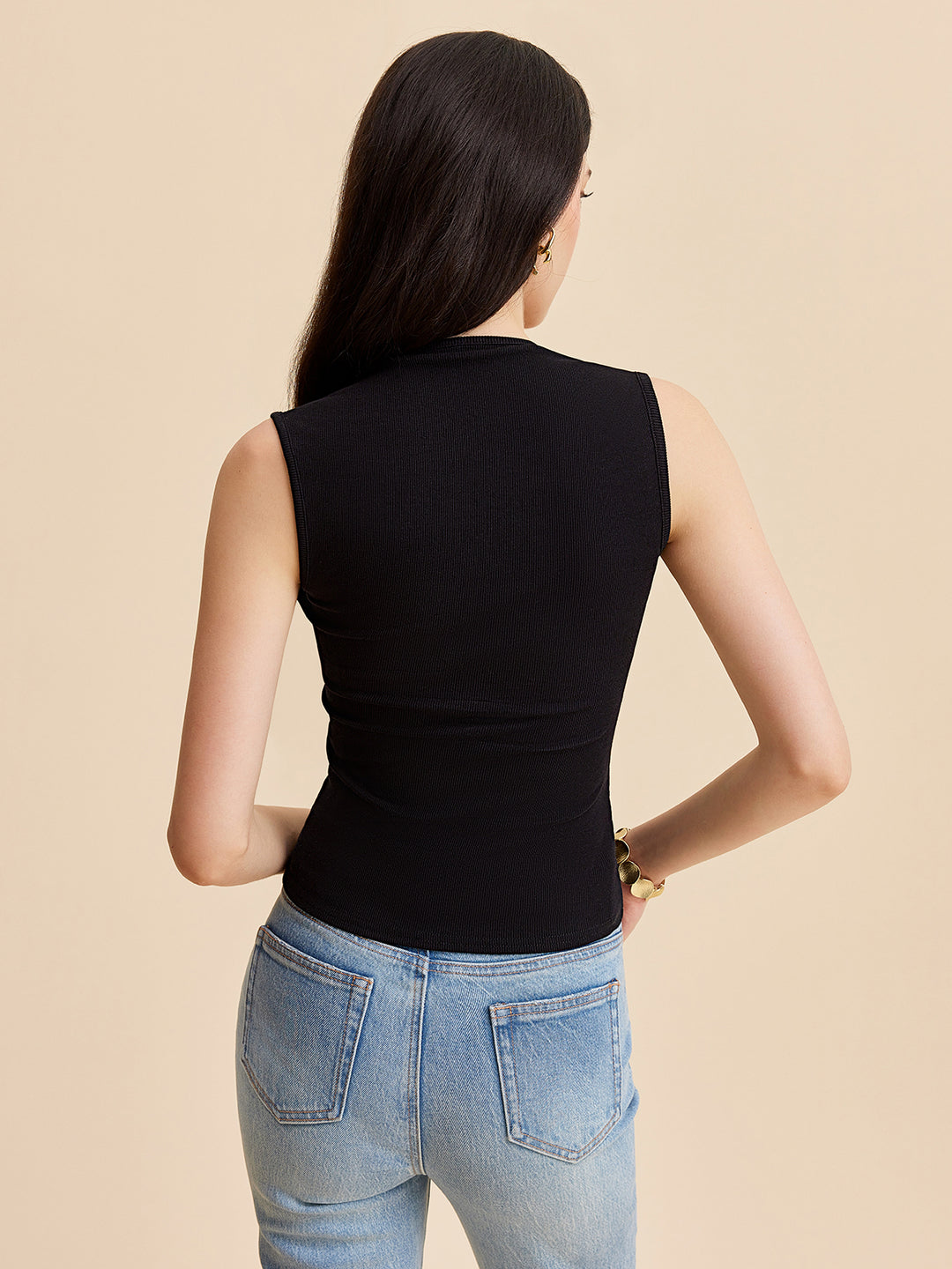 Black ribbed sleeveless top with open back