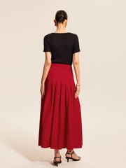 Red pleated flared midi skirt