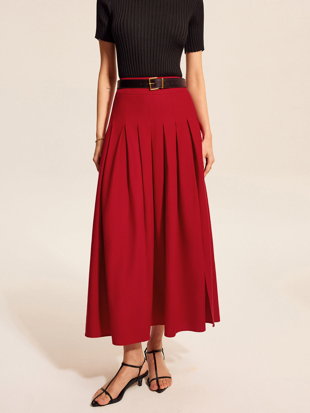 Red pleated flared midi skirt