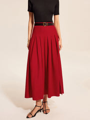 Red pleated flared midi skirt