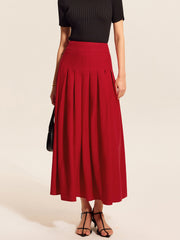Red pleated flared midi skirt
