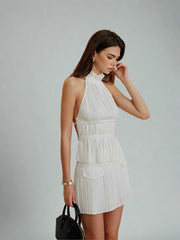 Pleated backless top and mini skirt set