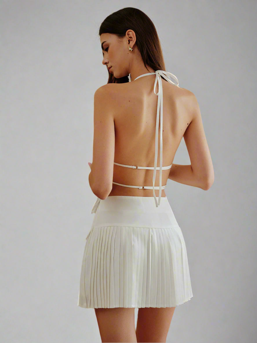 Pleated backless top and mini skirt set