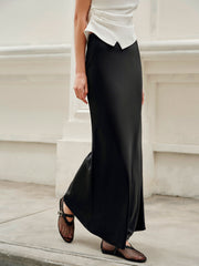 Long black satin skirt