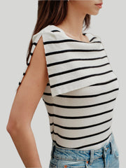 Sleeveless striped boat neck knit top