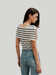 Sleeveless striped boat neck knit top