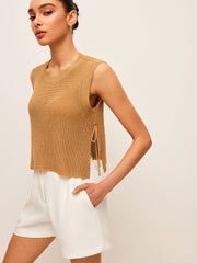 Beige knit sleeveless top with side lace closure