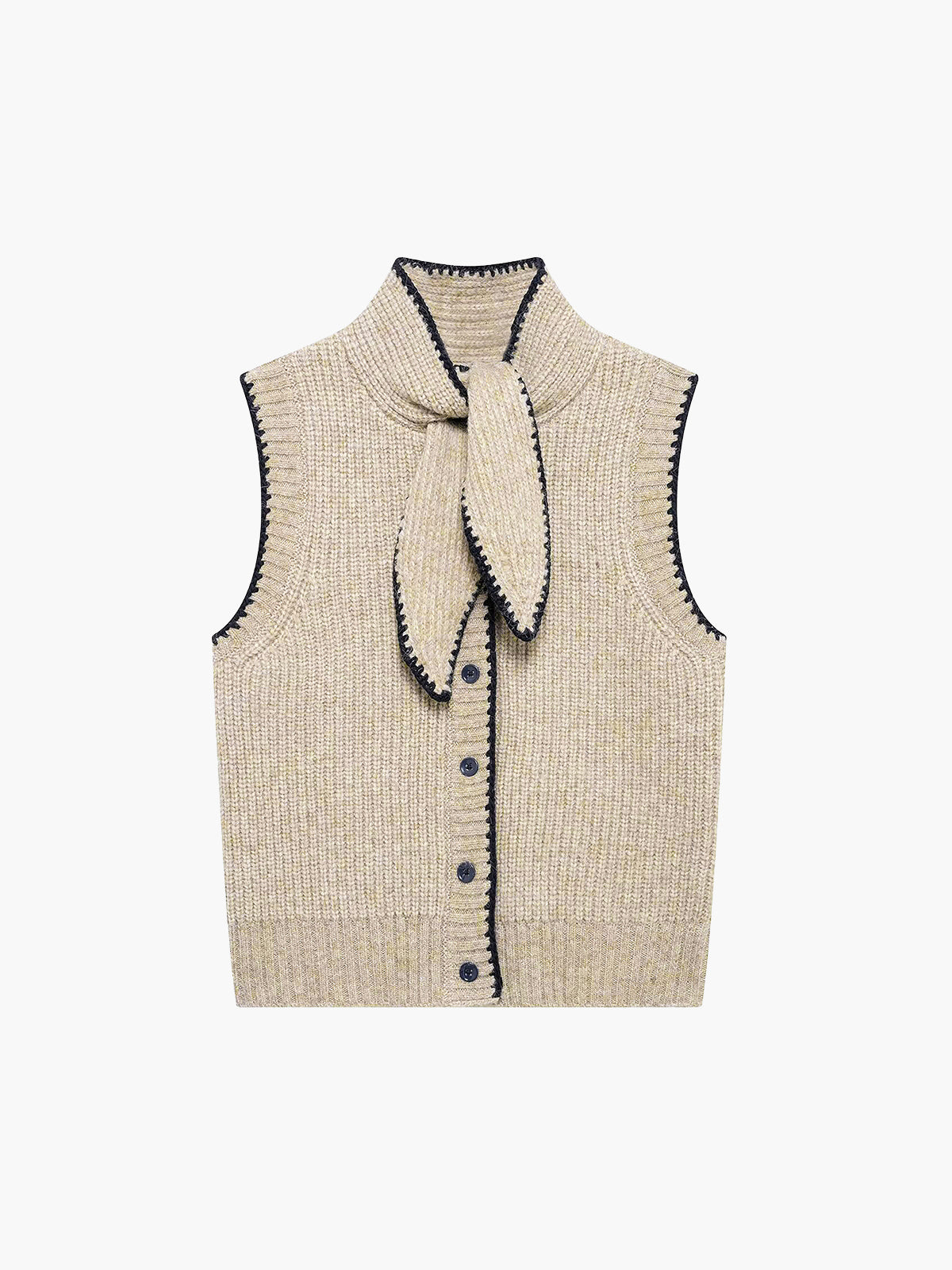Beige knitted vest with knotted collar and buttons