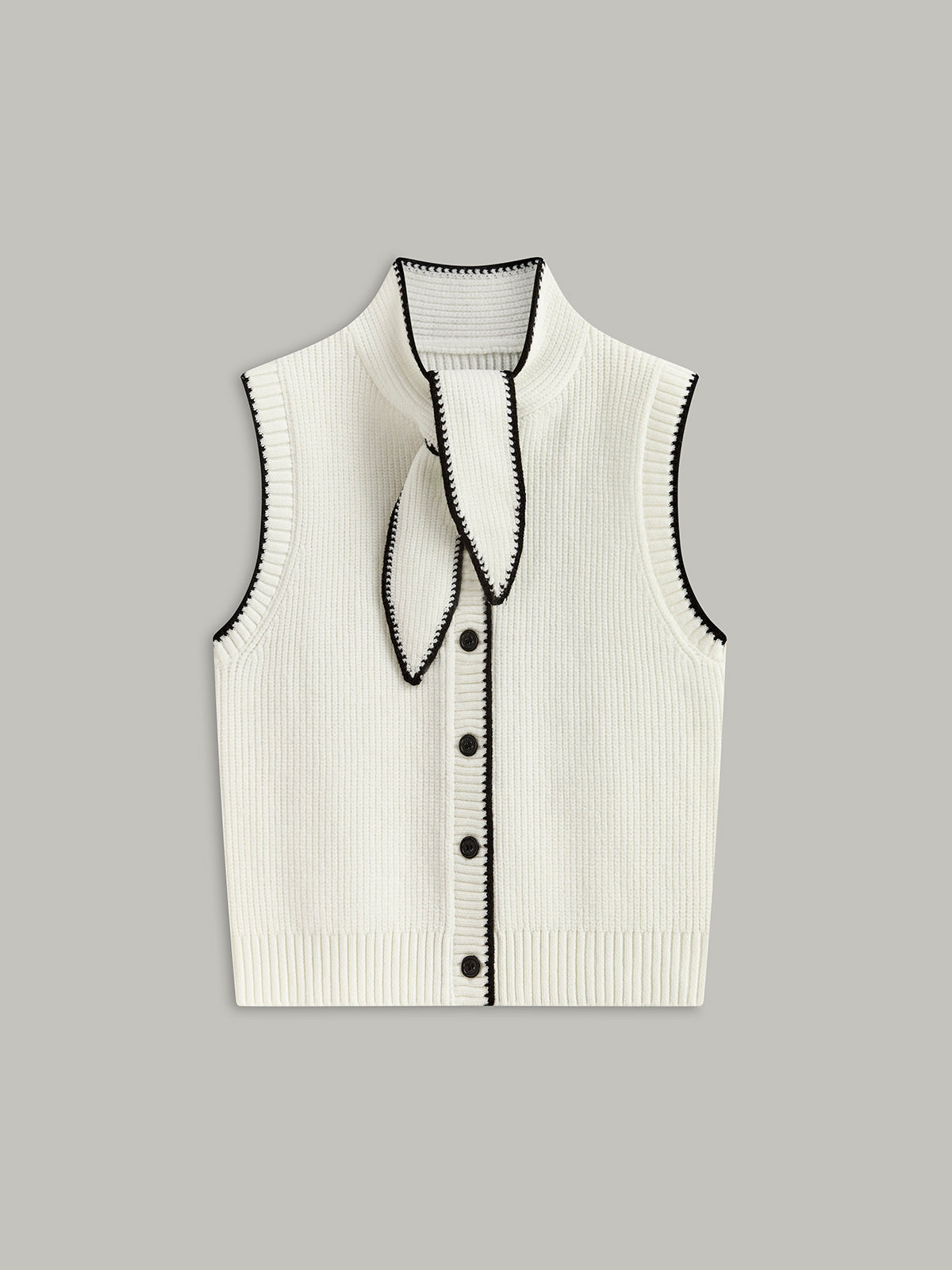 Beige knitted vest with knotted collar and buttons