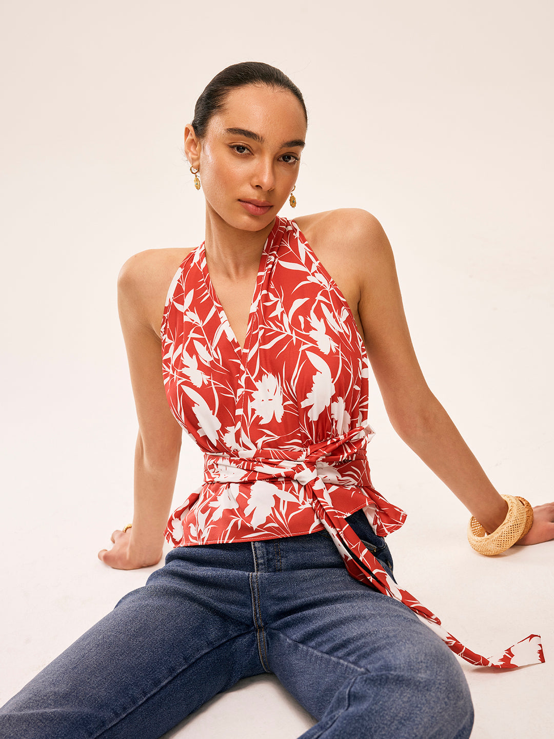 Striped halter top with bow straps