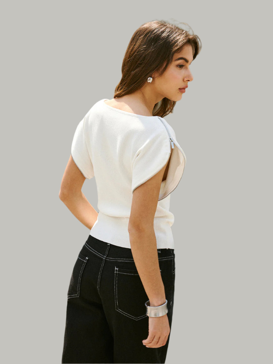 White mesh top with puffed sleeves