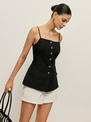 Black tank top with buttons and pocket details