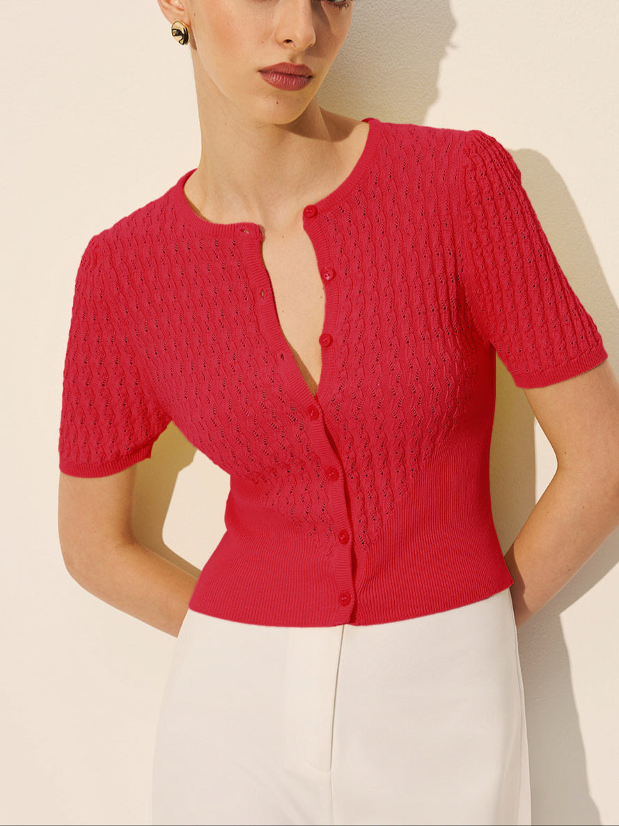 Short-sleeved knitted top with lace pattern