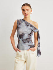 One-shoulder asymmetrical top with pattern and knots