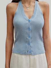 Blue ribbed sleeveless shirt with buttons