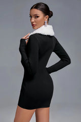 Black ribbed mini dress with white faux fur and zipper