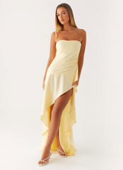 Light yellow strapless long dress with ruffles