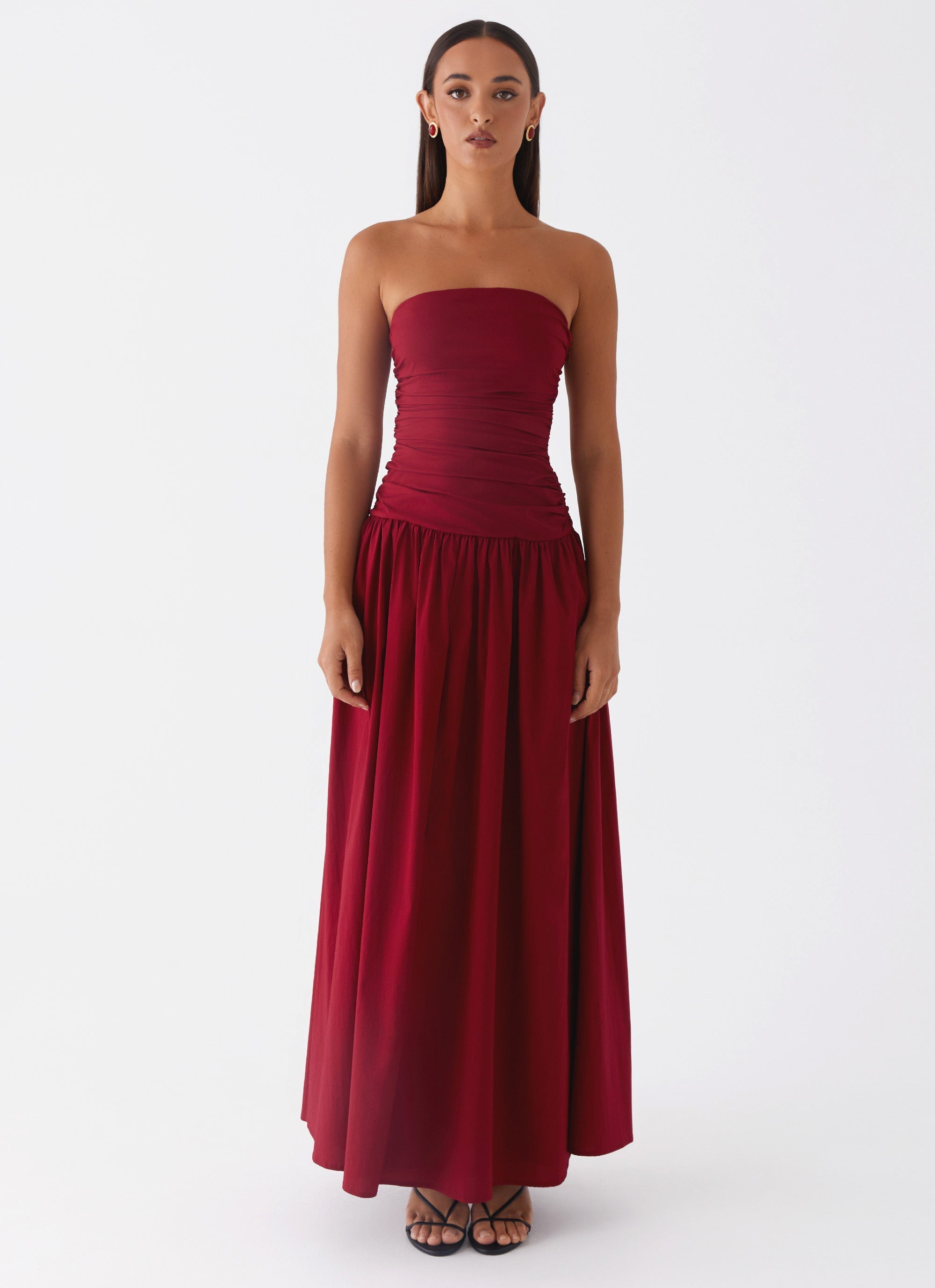Burgundy strapless long dress