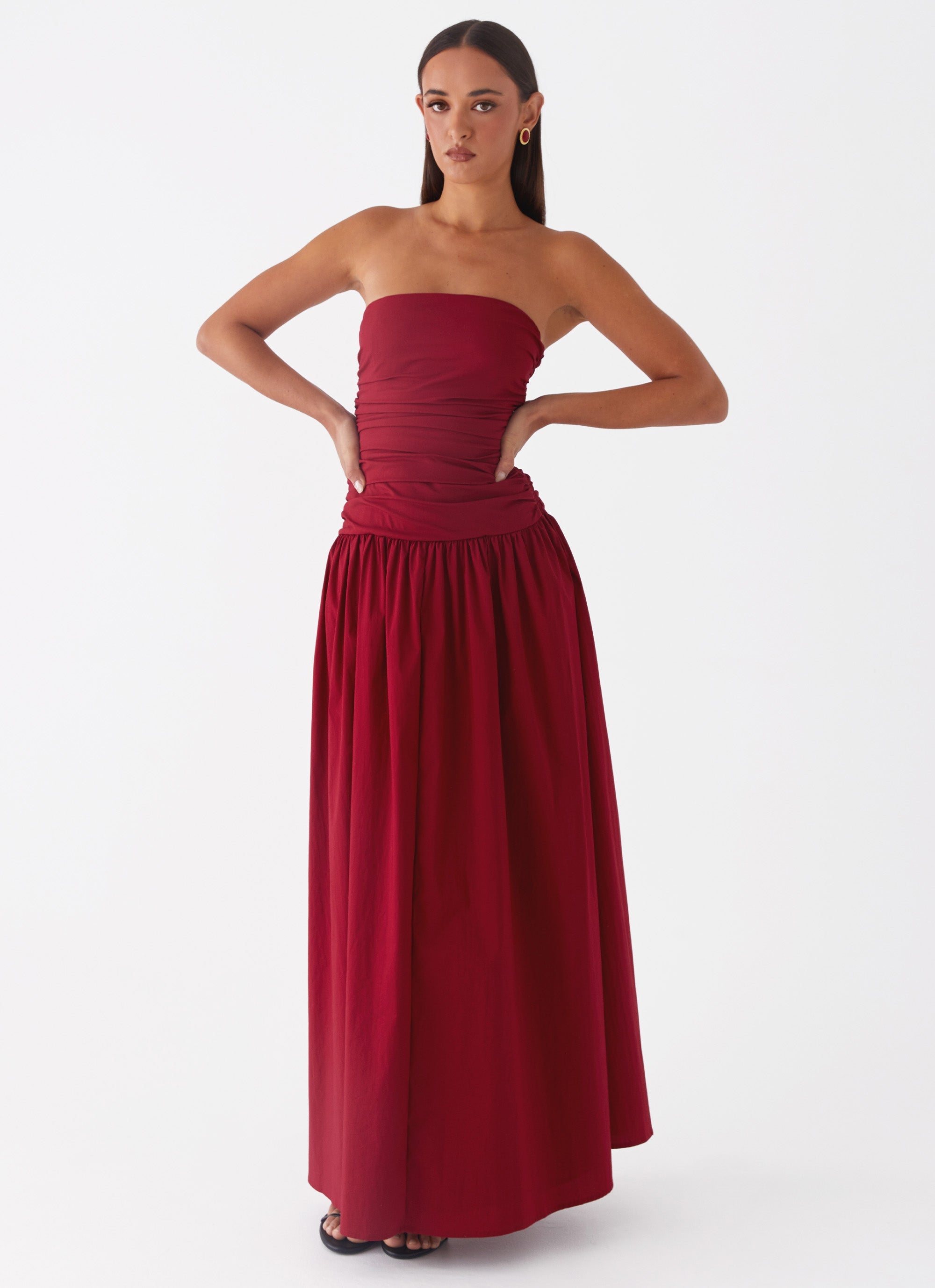 Burgundy strapless long dress
