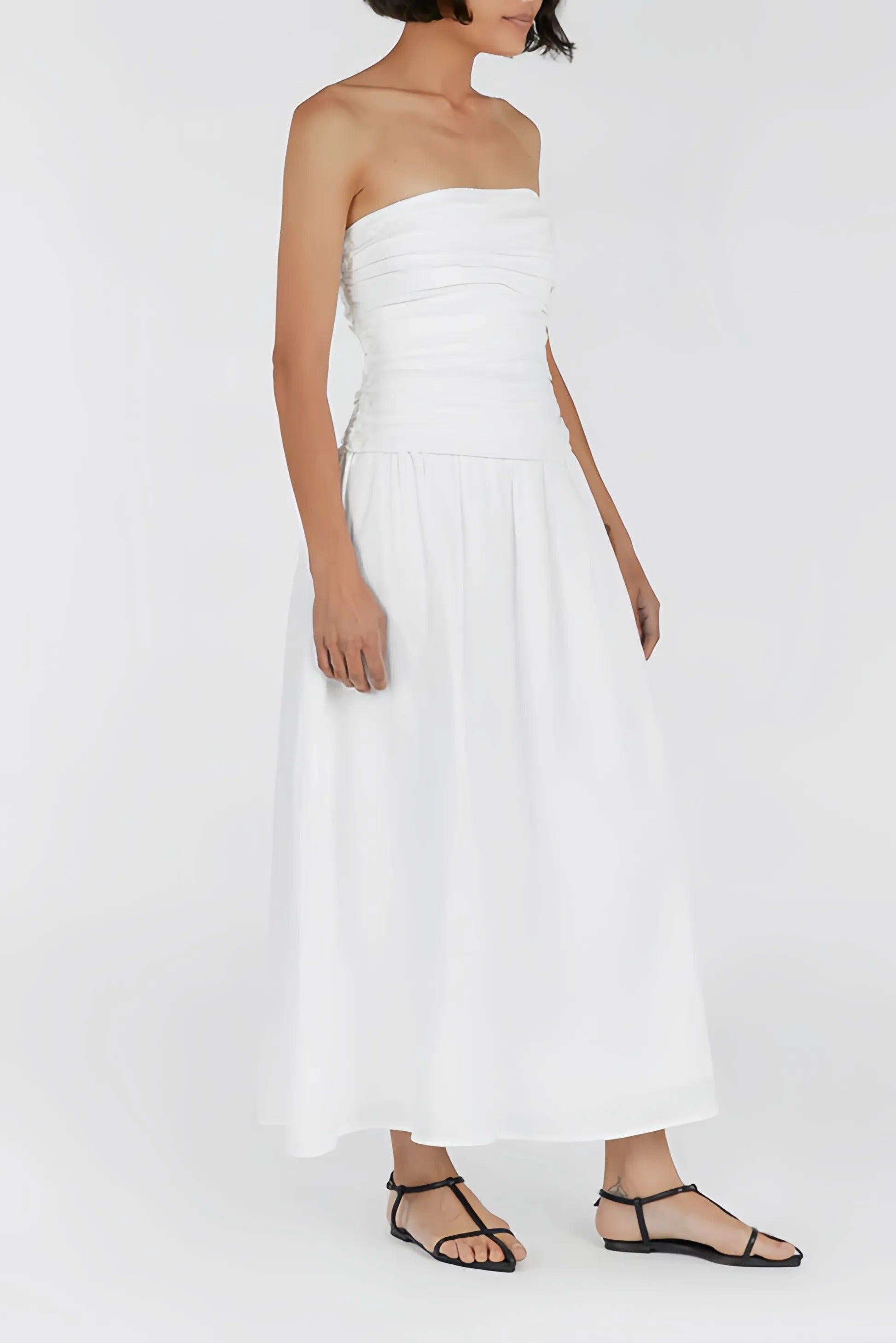 White strapless midi dress with draped bodice