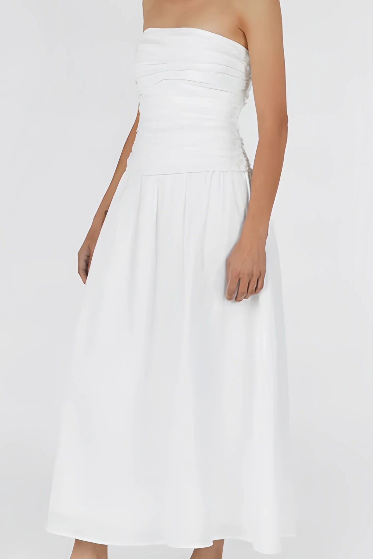 White strapless midi dress with draped bodice