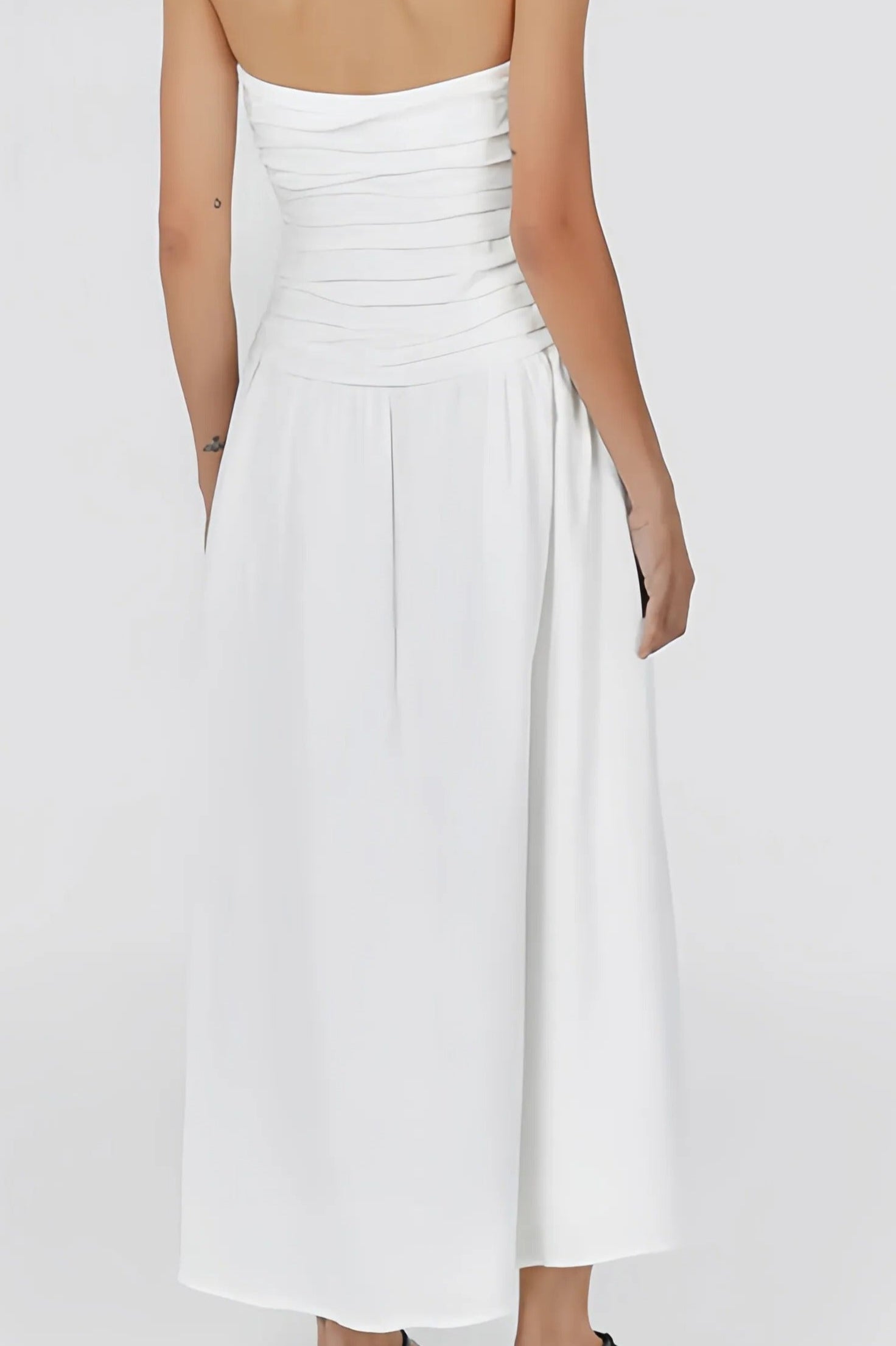White strapless midi dress with draped bodice