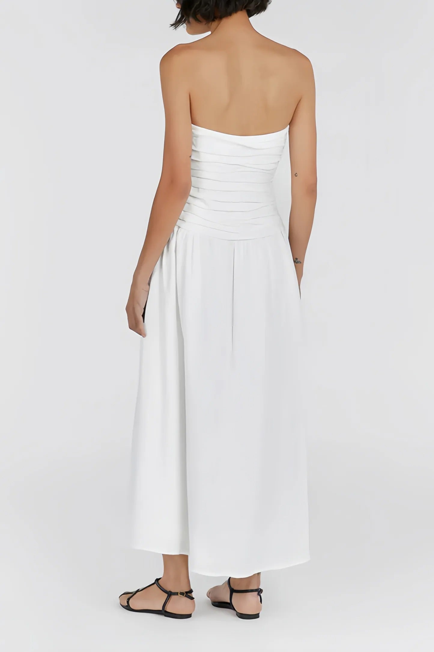 White strapless midi dress with draped bodice