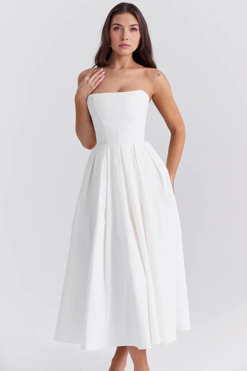 Strapless midi dress with pleated skirt